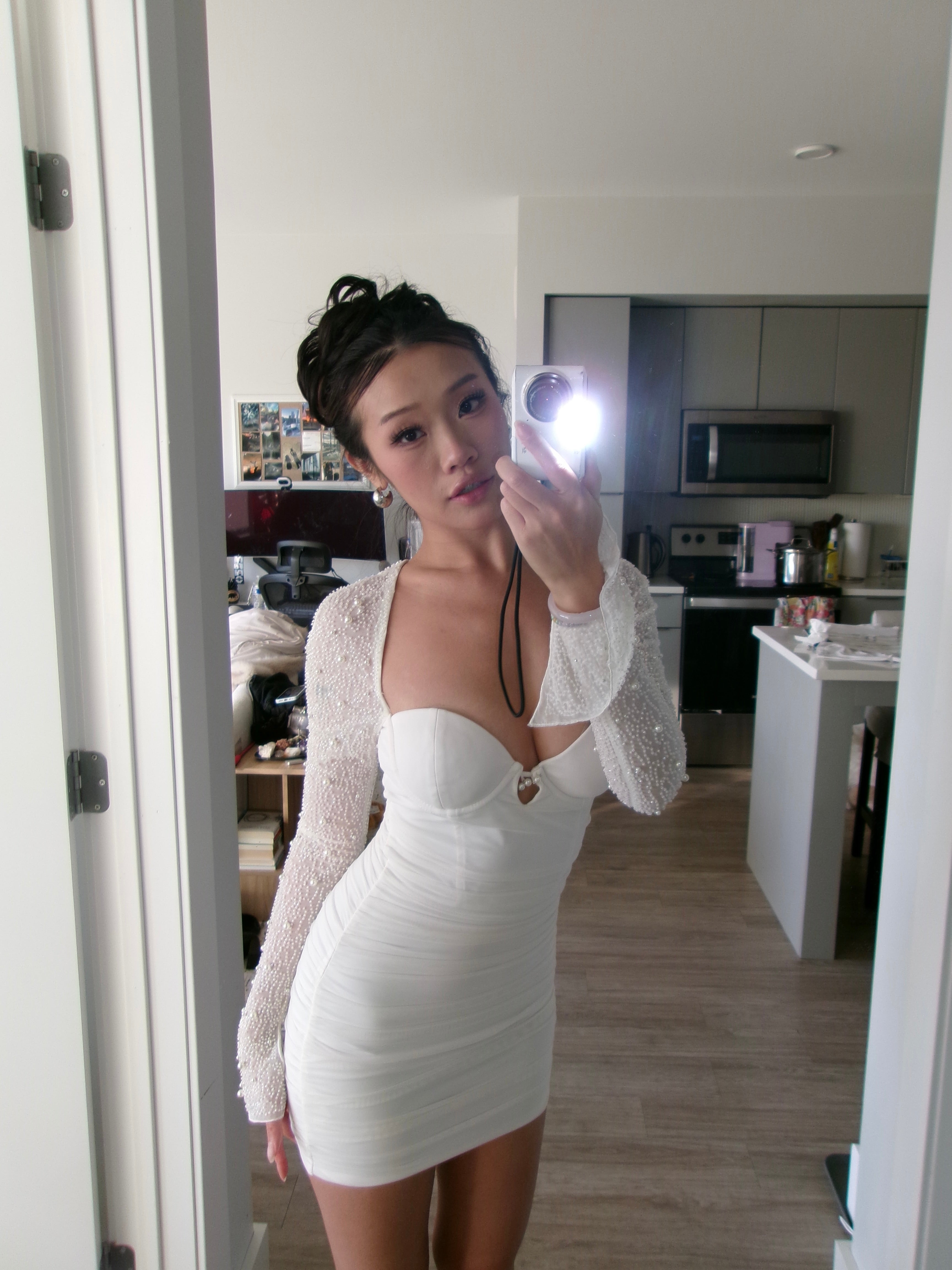 Off White Mesh Pearl Beaded Dress (Size XS)