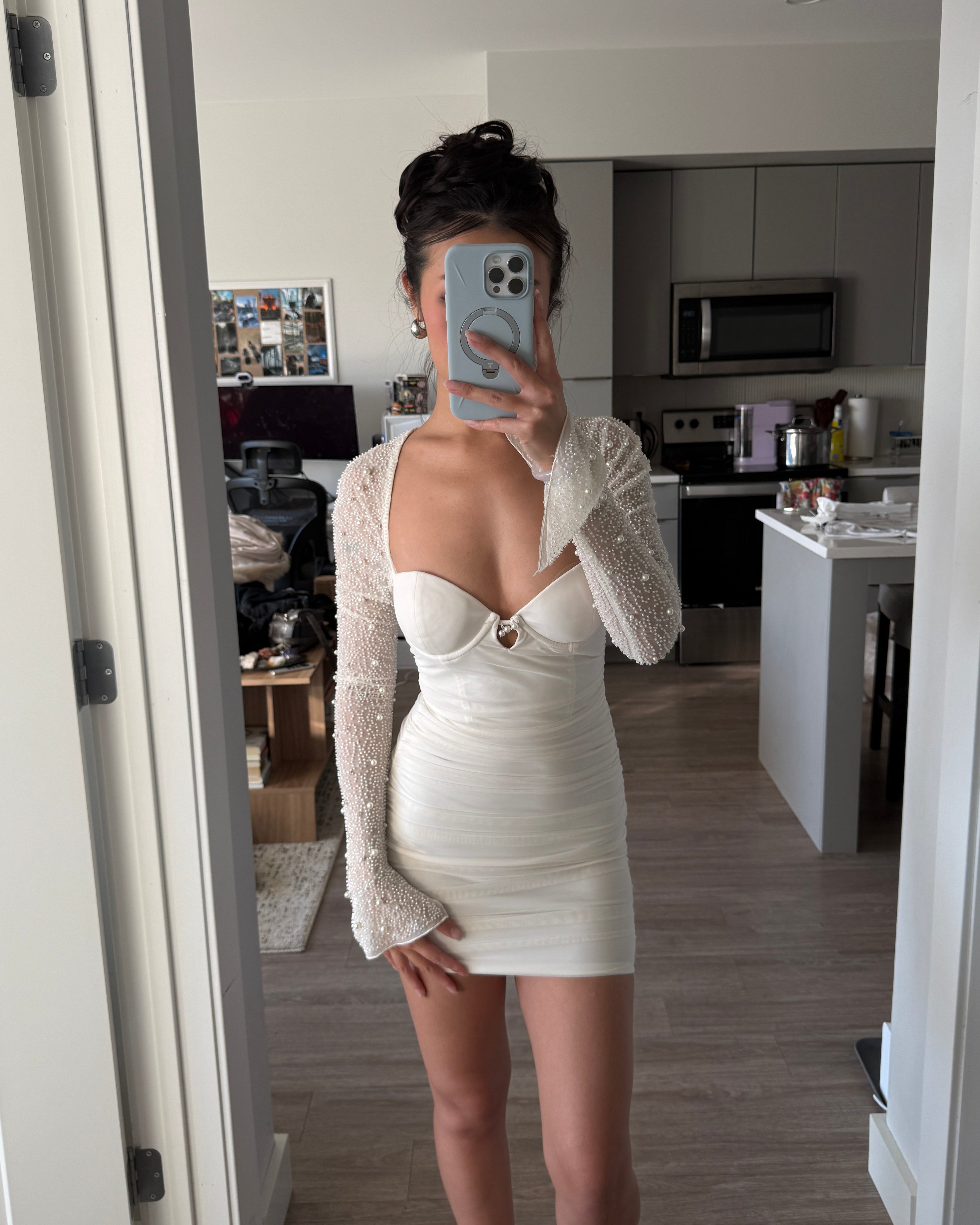 Off White Mesh Pearl Beaded Dress (Size XS)