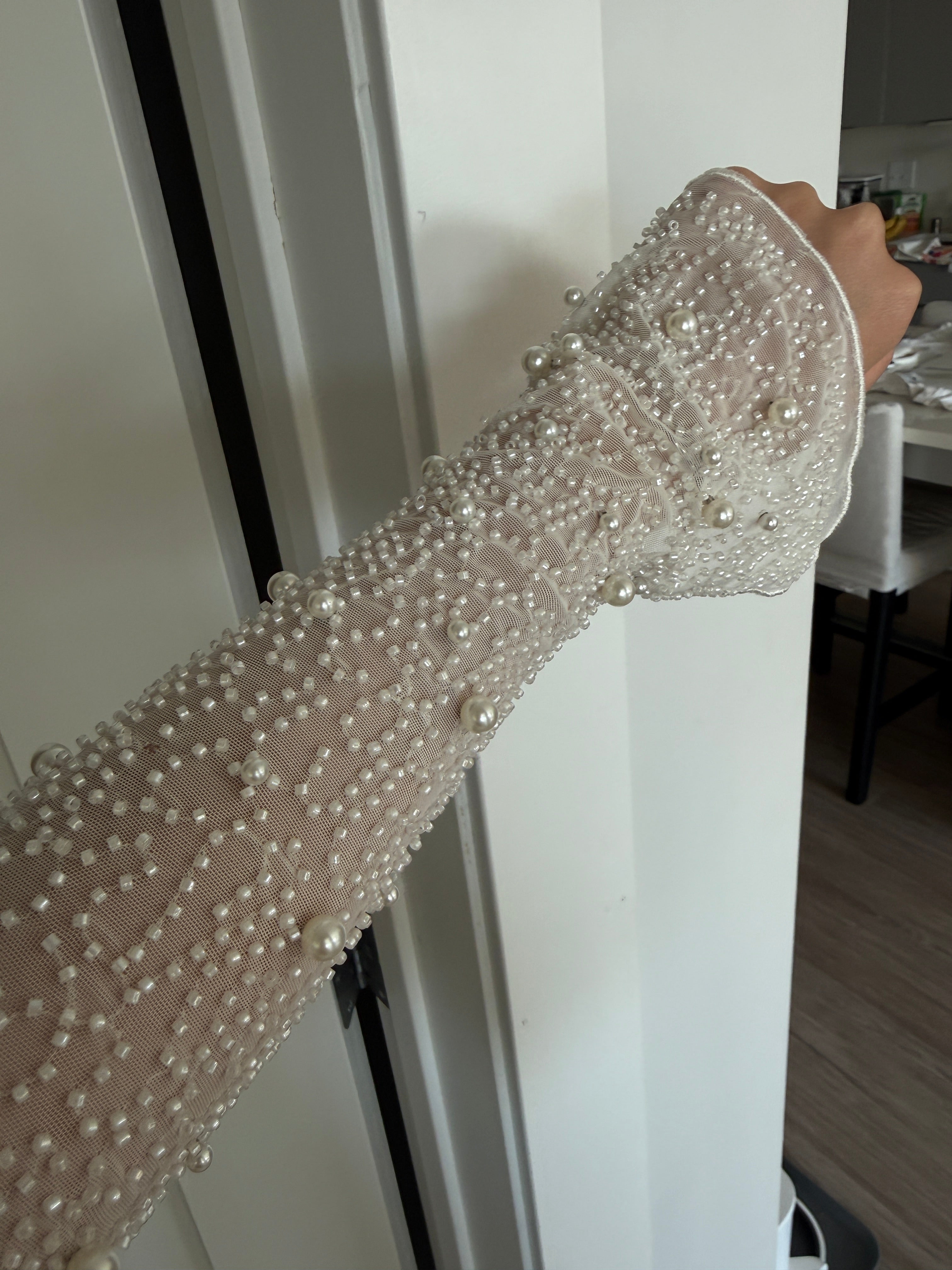 Off White Mesh Pearl Beaded Dress (Size XS)